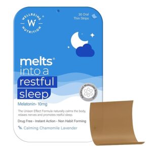 Wellbeing Nutrition Melts Restful Sleep Aid | Plant-Based Melatonin 10mg for Better Sleep with Chamomile, Tagara, L-Theanine | Non-Addictive Sleep-Aid, Safe, Natural, 30 Oral Strips